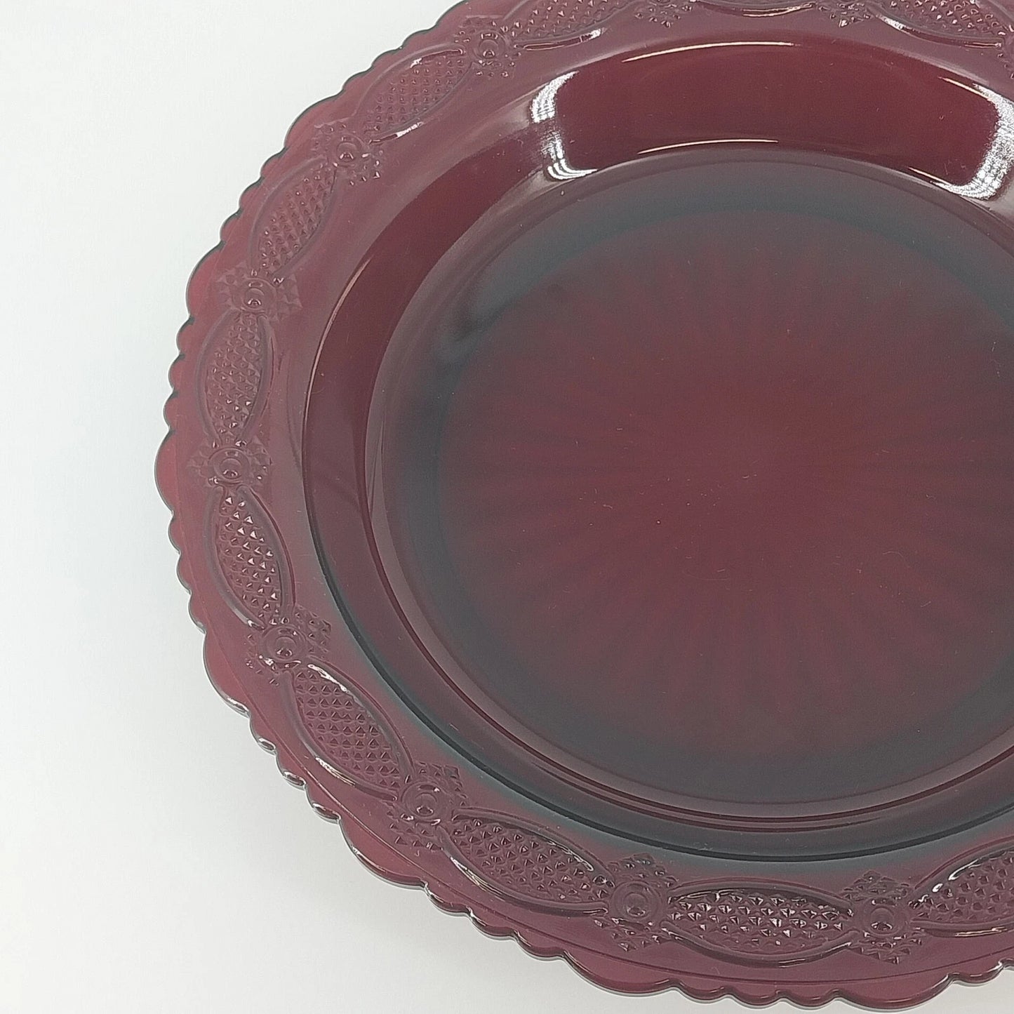 Avon Cape Cod Ruby Red Glass Pie Plate Scalloped Serving Dish 10.75" Rosette Vtg