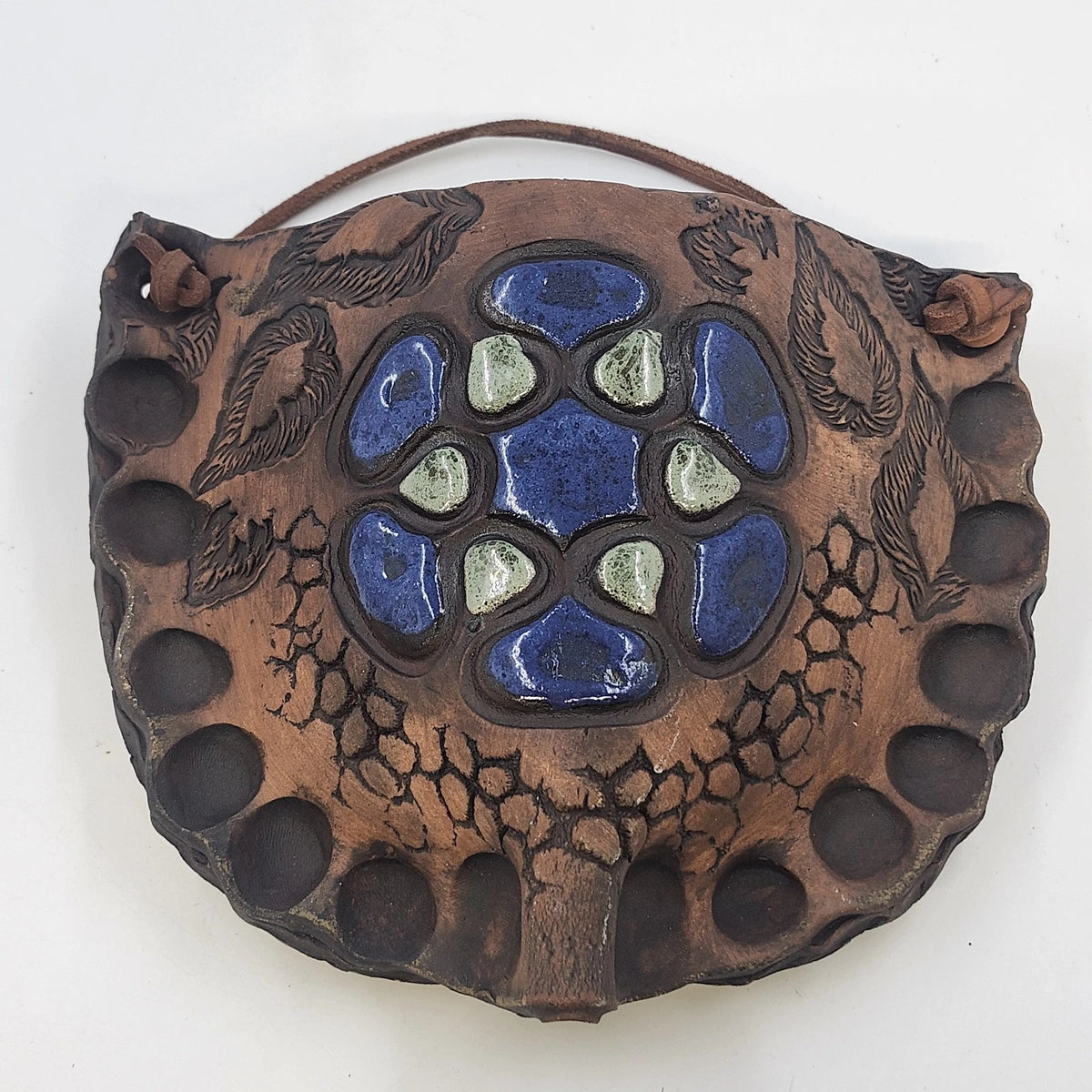 Studio Art Pottery Wall Pocket Vase Blue Green Glaze Leather Hanger 8.5"