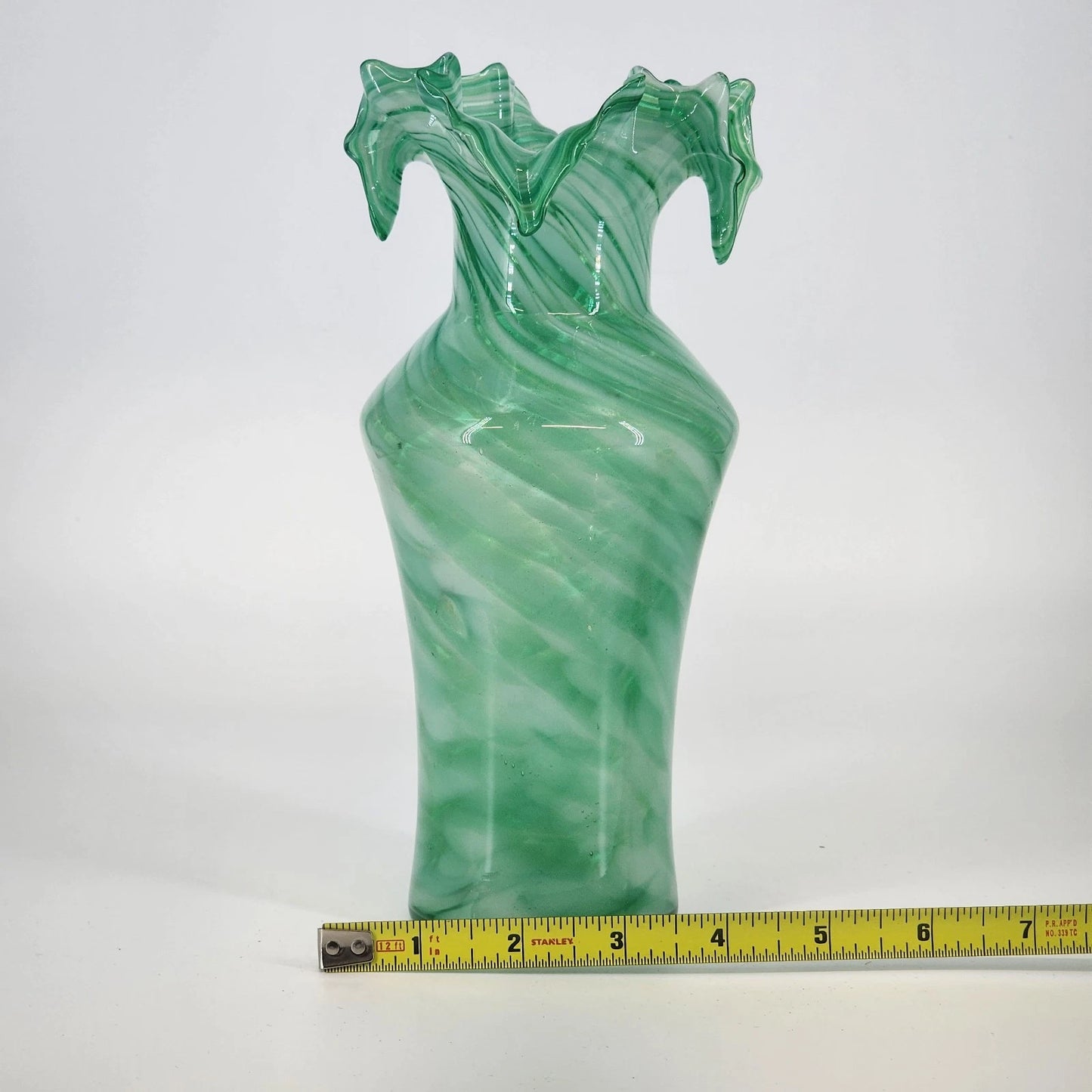 Green Art Glass Vase White Swirl Ruffled Scalloped Top Edge Hand Blown 9" Tall