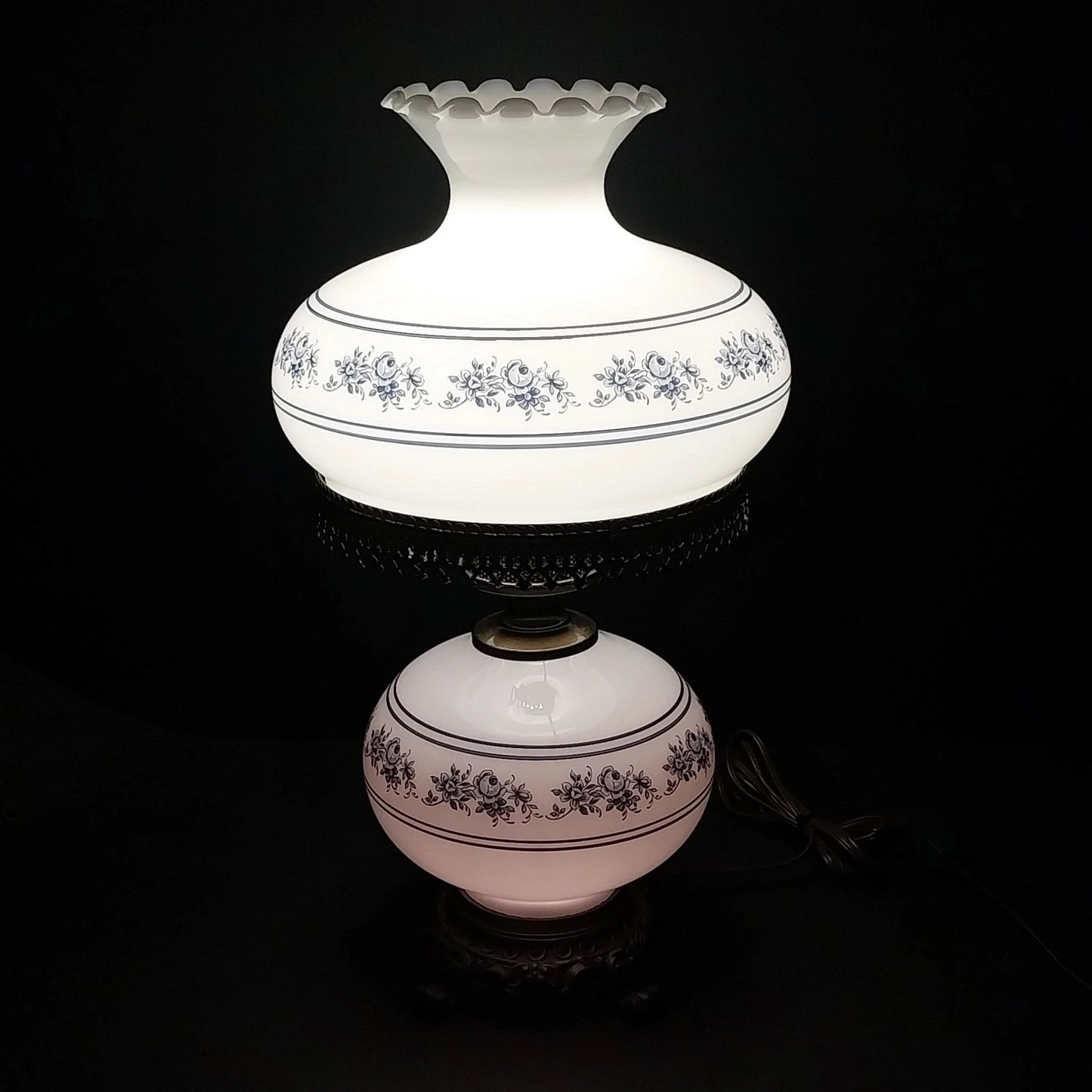 White Blue Floral Milk Glass Hurricane Lamp 22.5" 3-Way Light & Night Light Vtg