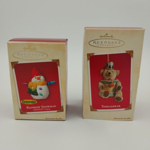 2 Hallmark Keepsake 2003 Christmas Ornaments THREADBEAR & Rainbow Snowman Vtg