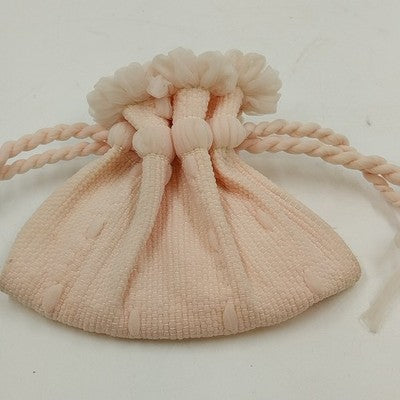 Cream Pink Textured Fabric Tulle Cosmetic Jewelry Drawstring Purse Pouch Bag