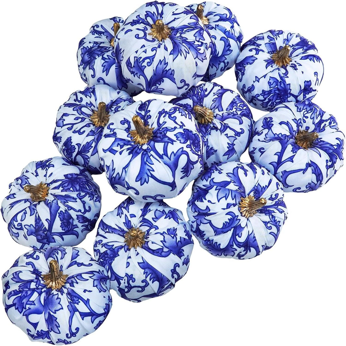 12 Pcs Small Fabric Pumpkins Decorative Blue and White Pumpkins Chinoiserie 3"