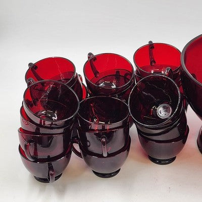 Royal Ruby Red Glass Punch Bowl 23 Cups and Stand Set by Anchor Hocking
