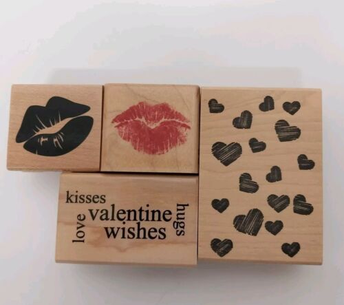 Valentine Wishes Hearts and Lips Rubber Stamps Set of 5 Wood Mounted