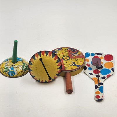 Set of 4 Vintage Metal Tin Noisemakers Birthday Party New Year’s Sports Theme