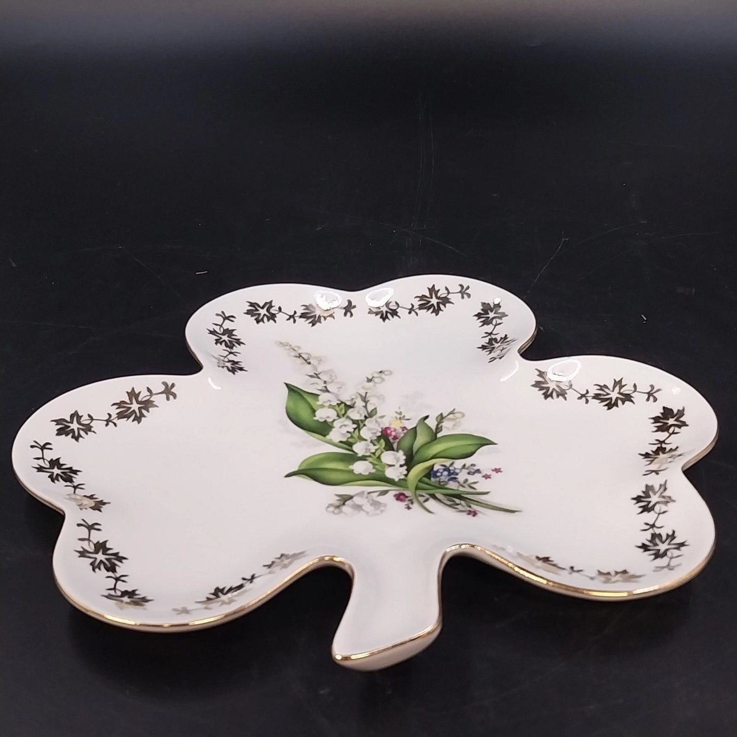 Handmade Czech Porcelain Clover Plate Lily of the Valley Gold Trim Trinket Dish