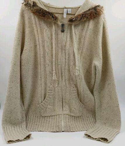 Relativity Women’s Sweater Size XL Beige with Brown Accents Fur Hood Zip Front