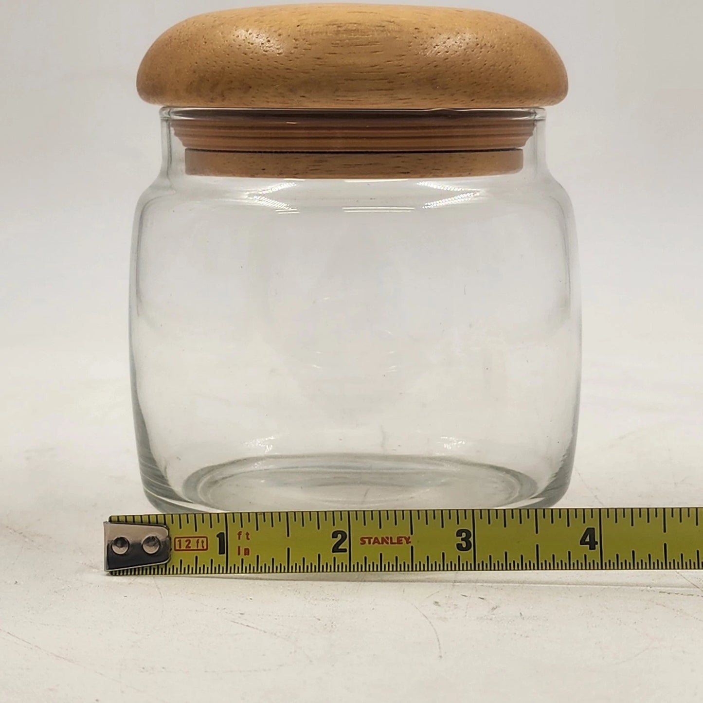 Clear Glass Storage Jar Teak Mushroom Wood Lid Airtight Rubber Seal 4"d x 4.5"h