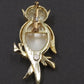 Gold Tone Owl Brooch White Faux Cabochon Body Red Rhinestone Eyes Branch Vintage
