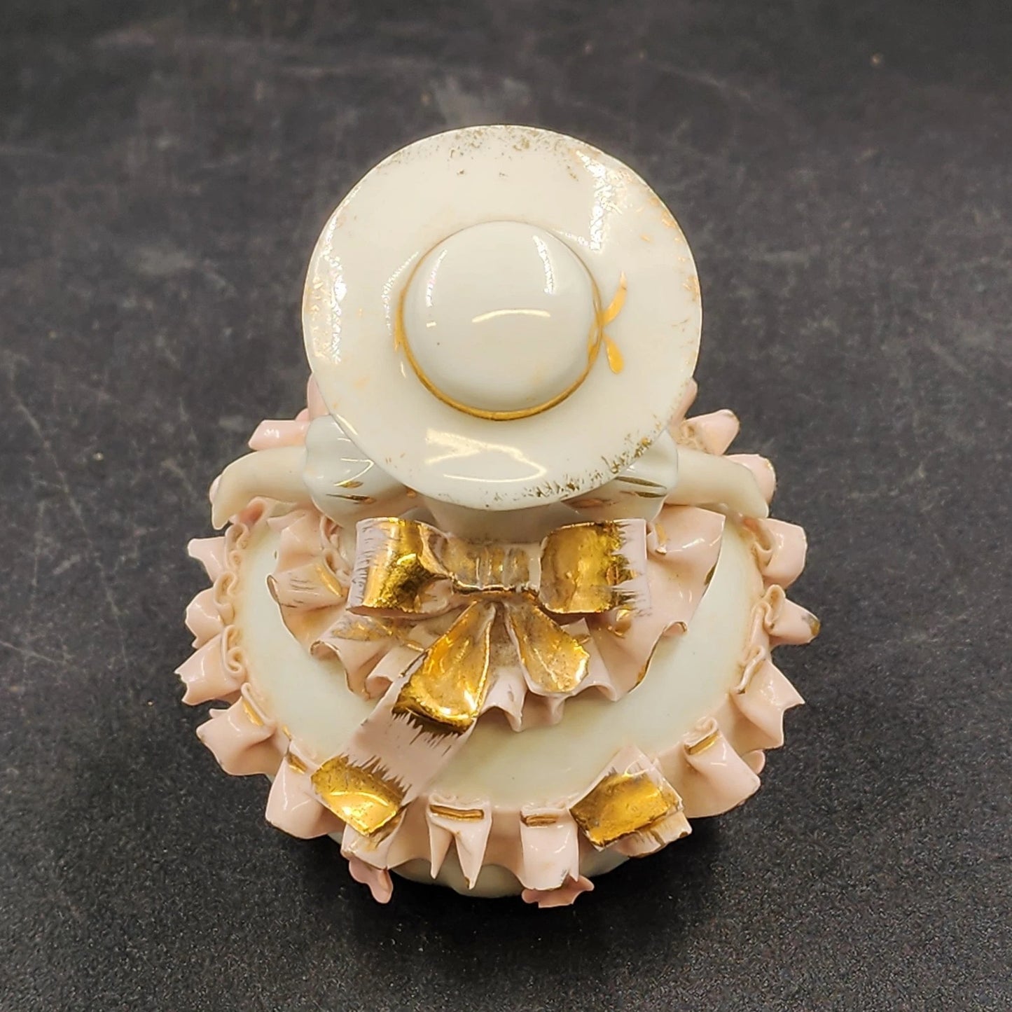 Lefton Bloomer Girl Figurine 4" Curtsy Dress Roses Gold Trim Signed Geo Z K1412