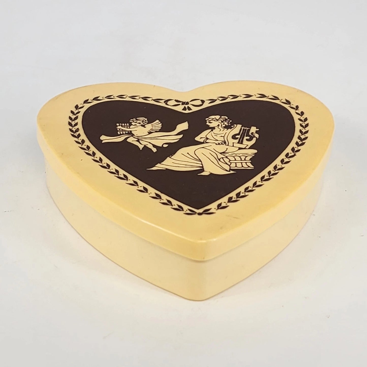 Yellow Celluloid Heart Trinket Box Angels Cupid 5.25