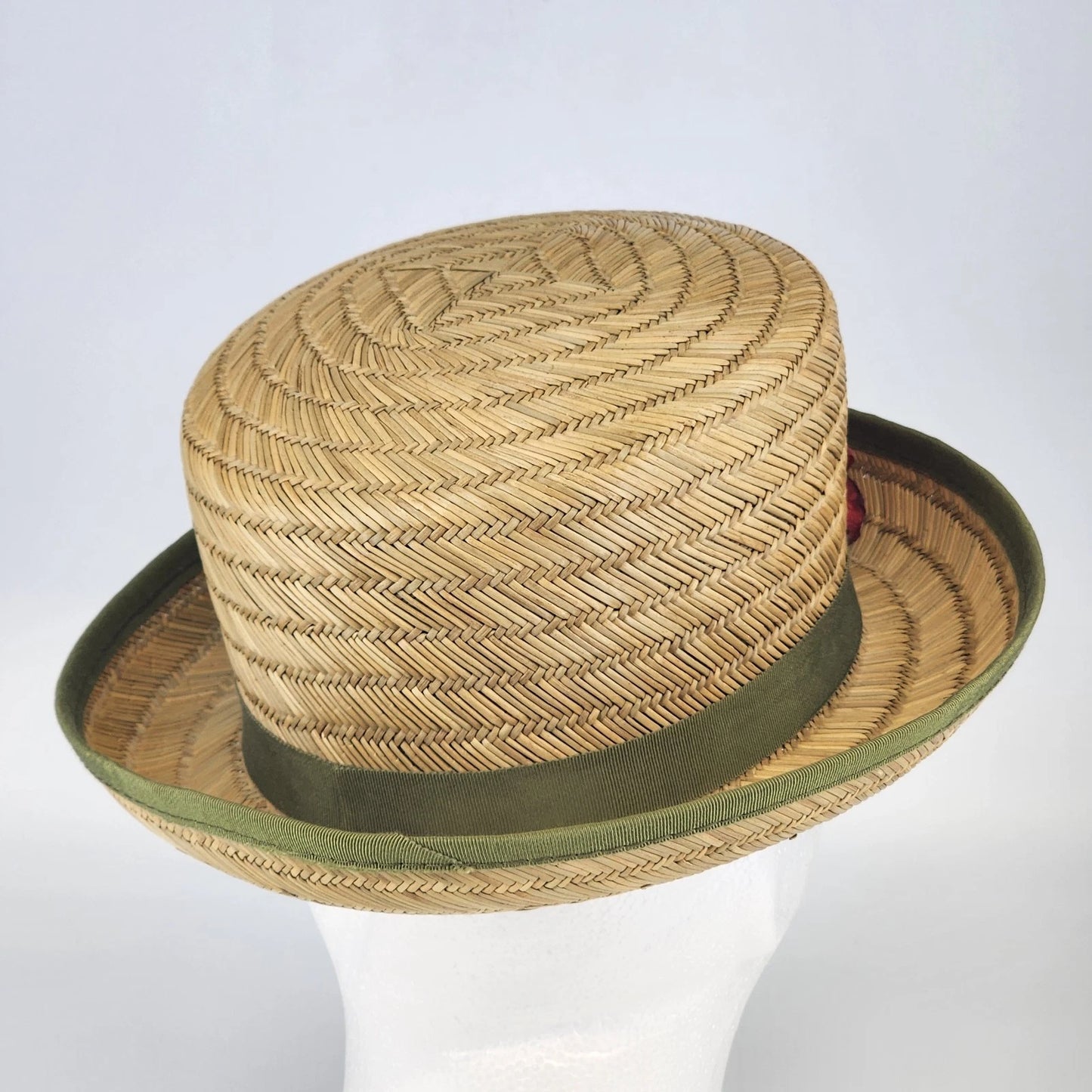 Vintage Straw Boater Hat Green Band Red Flower Ted Jacobs Box