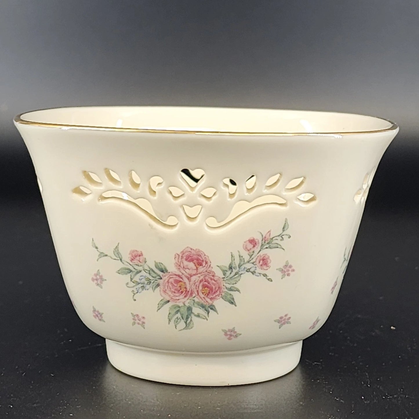 Lenox Petite Rose Trinket Bowl Cream Porcelain Lace Cut Out 24K Gold Trim 4.25"