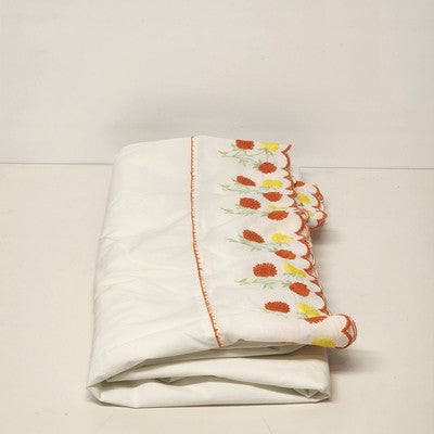 Solid White Twin Flat Sheet and Matching Pillow Case w Red & Yellow Floral Trim