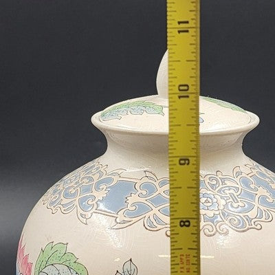 Large Chinoiserie Macau Ginger Jar – Hand Painted Blue & Pink Floral – 10"x7.25"