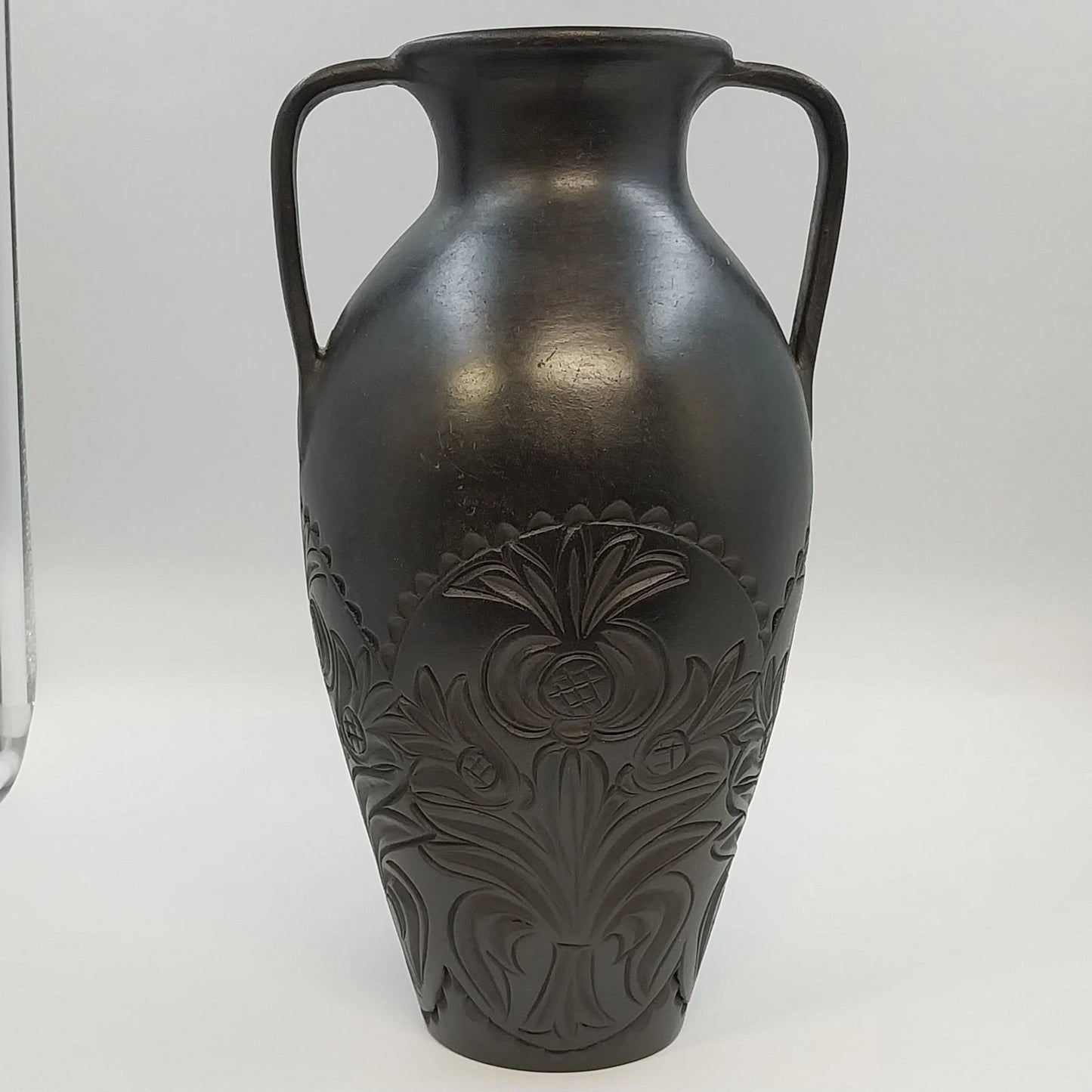 Black Pottery Vase Incised Floral Double Handle Amphora Urn 14" Unmarked