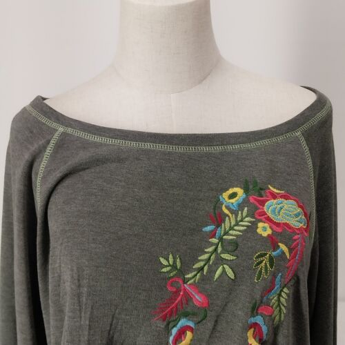 Hazel Grey Lg Sweatshirt Embroidered Bell Sleeve w/ Ties Wide Neck Floral Design