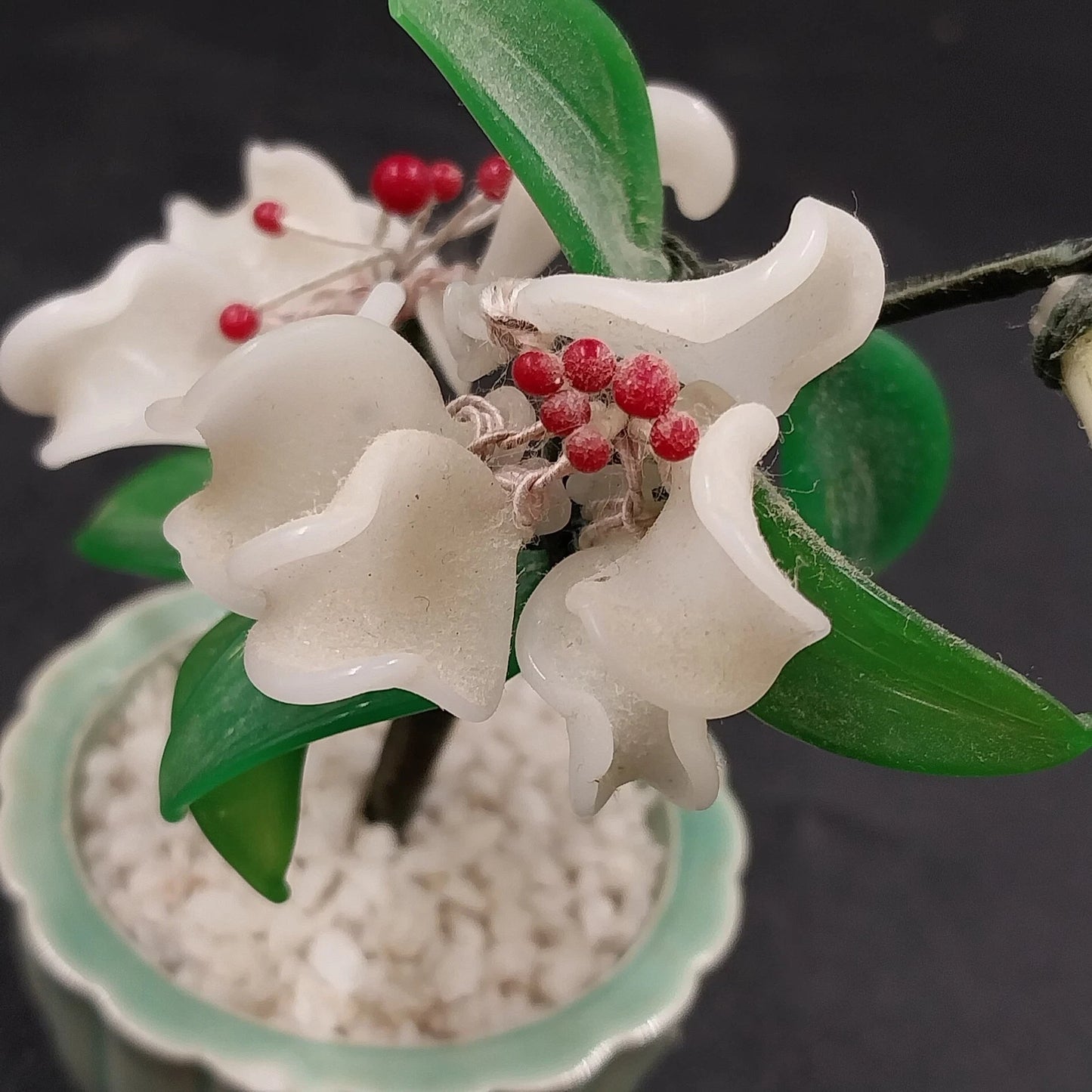 Chinese Glass Bonsai Tree in Celadon Pot 4" White Flowers Leaves & Red Berries