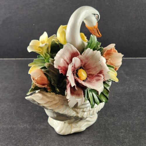 Porcelain Capodimonte Swan w Yellow Pink Flower Bouquet 4462 Ardalt Some Chips