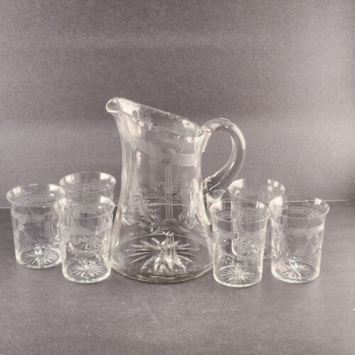 Elegant Glass Pitcher 6 Tumblers American Brilliant Cut Clear Etched Scalloped
