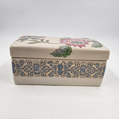 Embossed Ceramic Jewelry Box Macau Hand Painted Pink Blue Floral Design 8"x4"x4"