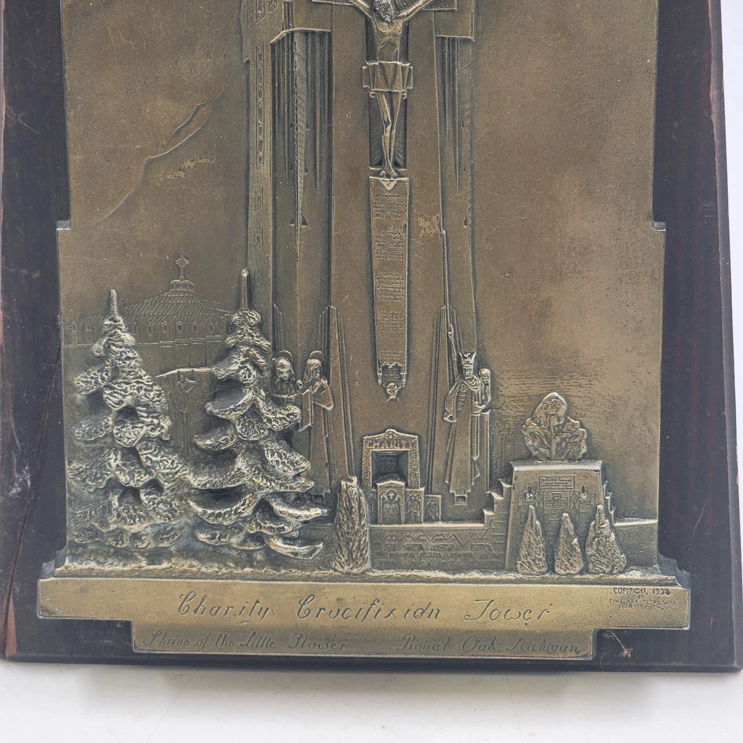 Bronze Plaque Charity Crucifixion Tower on Wood 1956 Shrine of the Little Flower