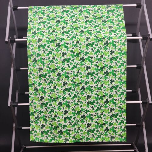 Green And White Linen Tablecloth with Shamrocks 96 x 42 Inches Vintage