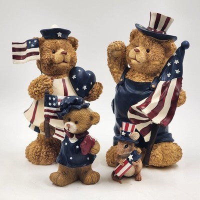 Set of 3 Patriotic Teddy Bear Figurines w Mouse 4th of July Stars & Stripes USA