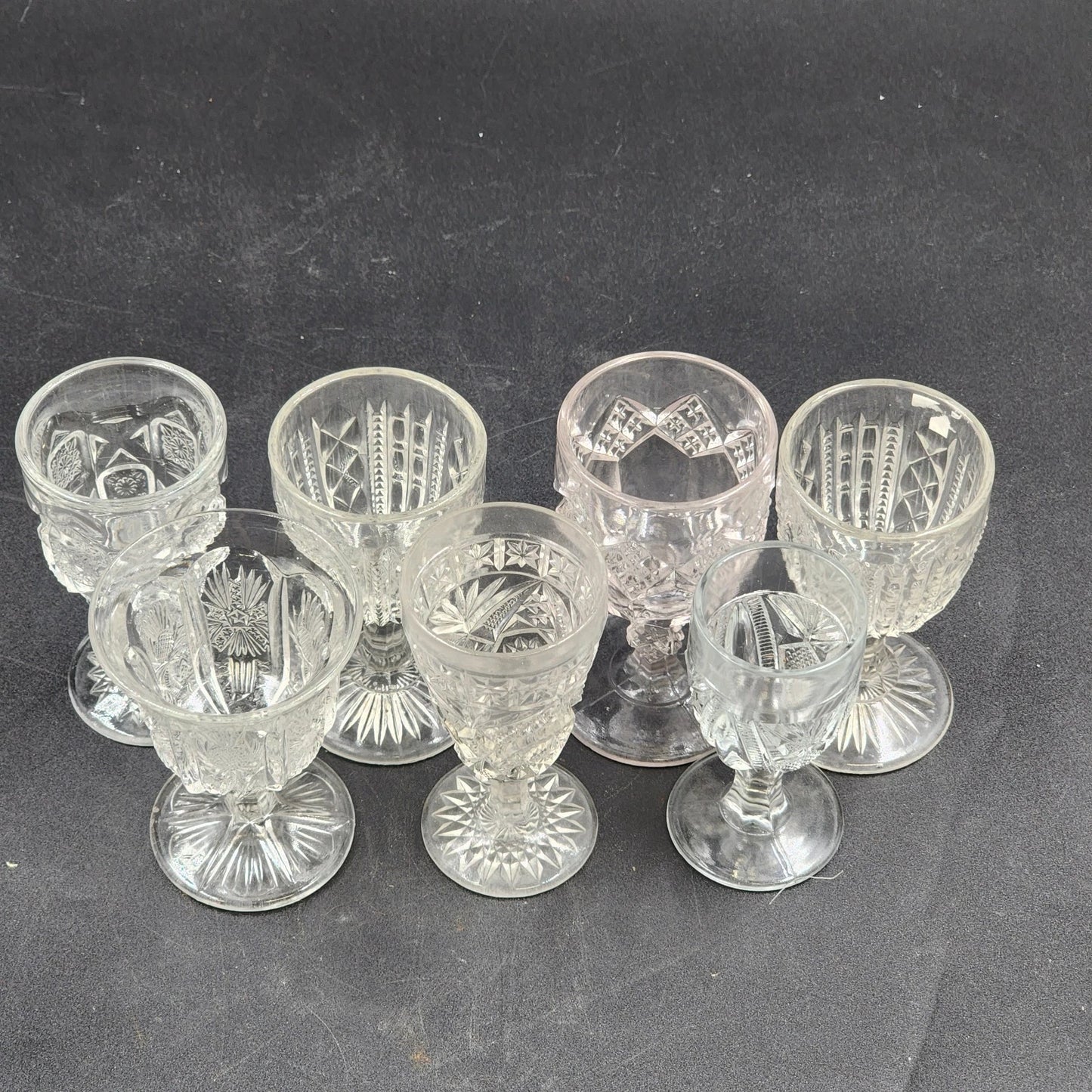 7 Cordial Shot Glasses Clear Pedestal Early American Pattern Glass Assorted 4"