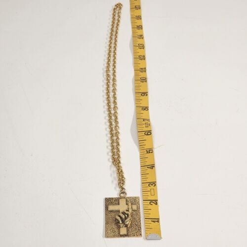 Gold Tone Rectangle 2" x 1.5" Pendant Necklace Cross & Praying Hands 17" Chain