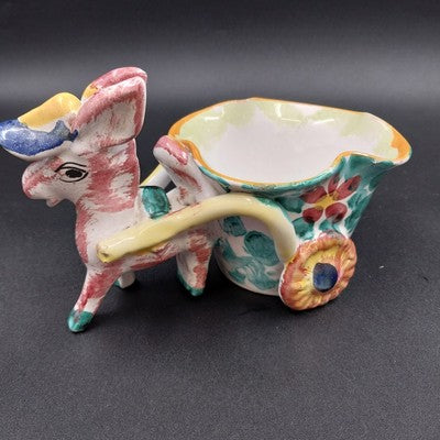 Italian Multicolor Ceramic Donkey Pulling Cart Planter Hand Painted Signed Italy