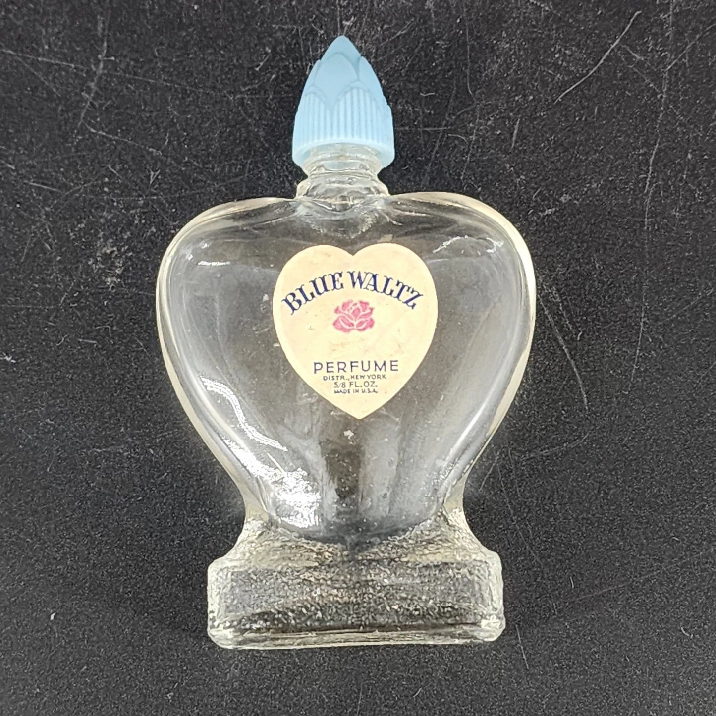 Blue Waltz Perfume Bottle Heart Glass Blue Lid Empty Vanity Collectible Vtg
