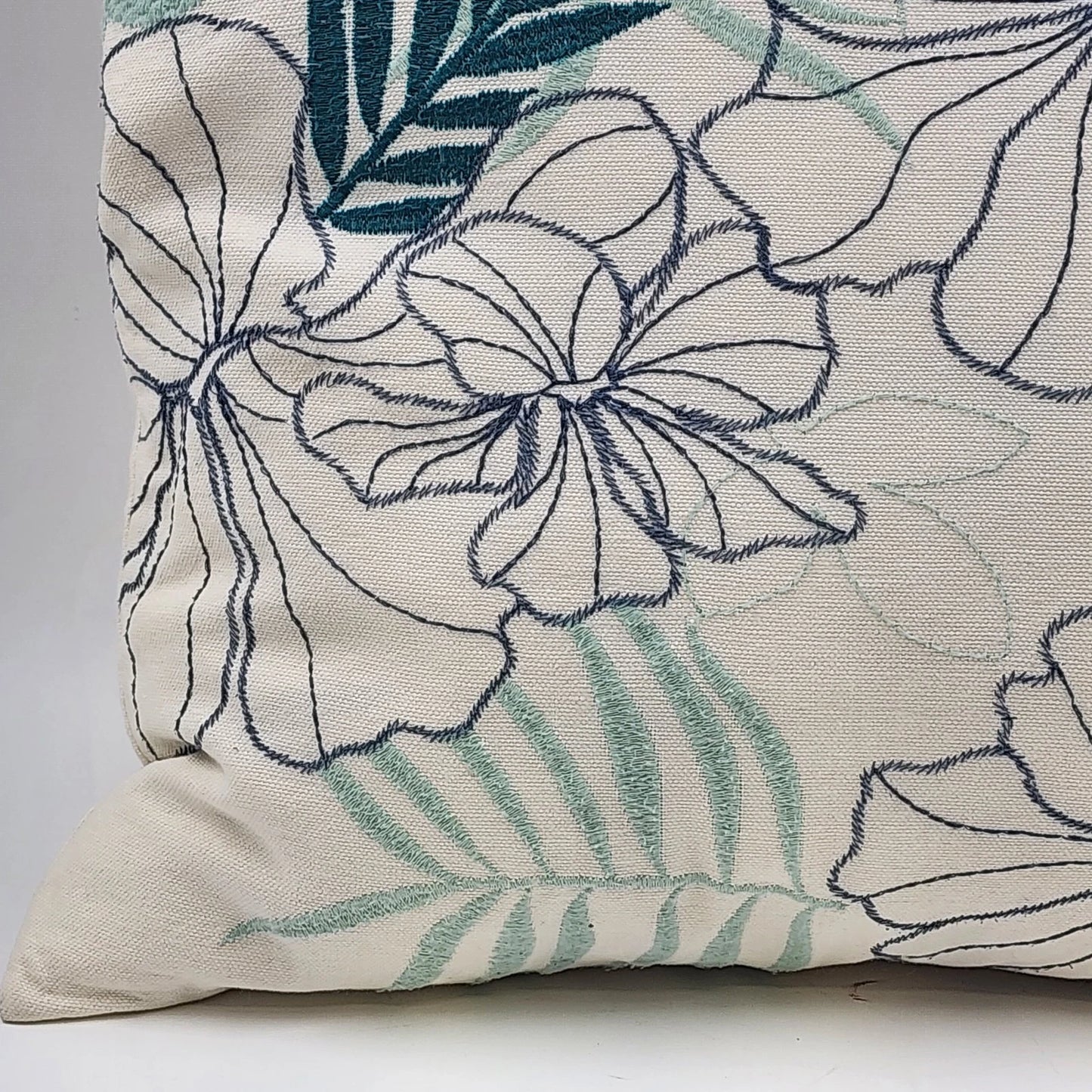 Decorative Down Throw Pillow 20"x20" White Green Embroidered Floral Leaf Pattern