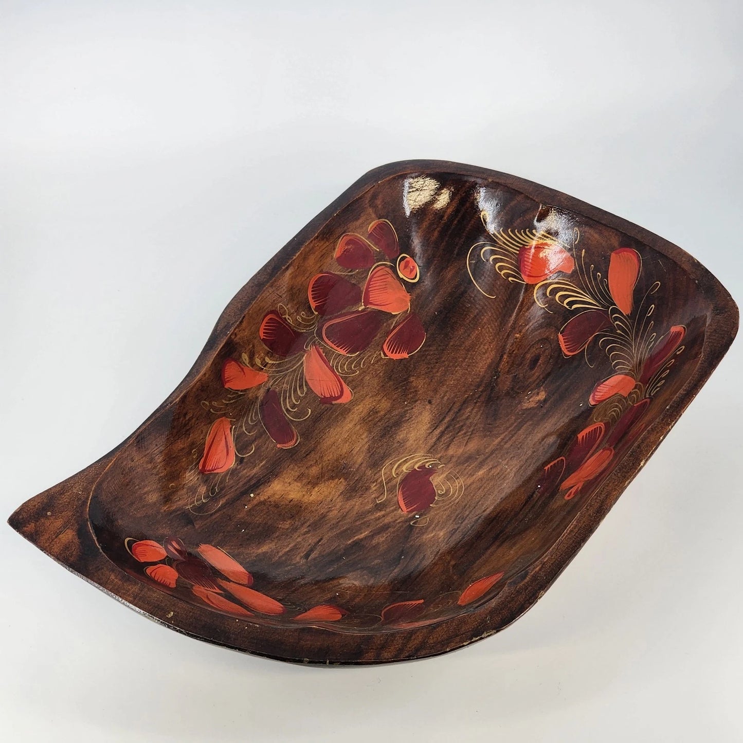 Hand Carved Wood Bowl Floral Lacquered 16" Large Organic Centerpiece 1980's Vtg