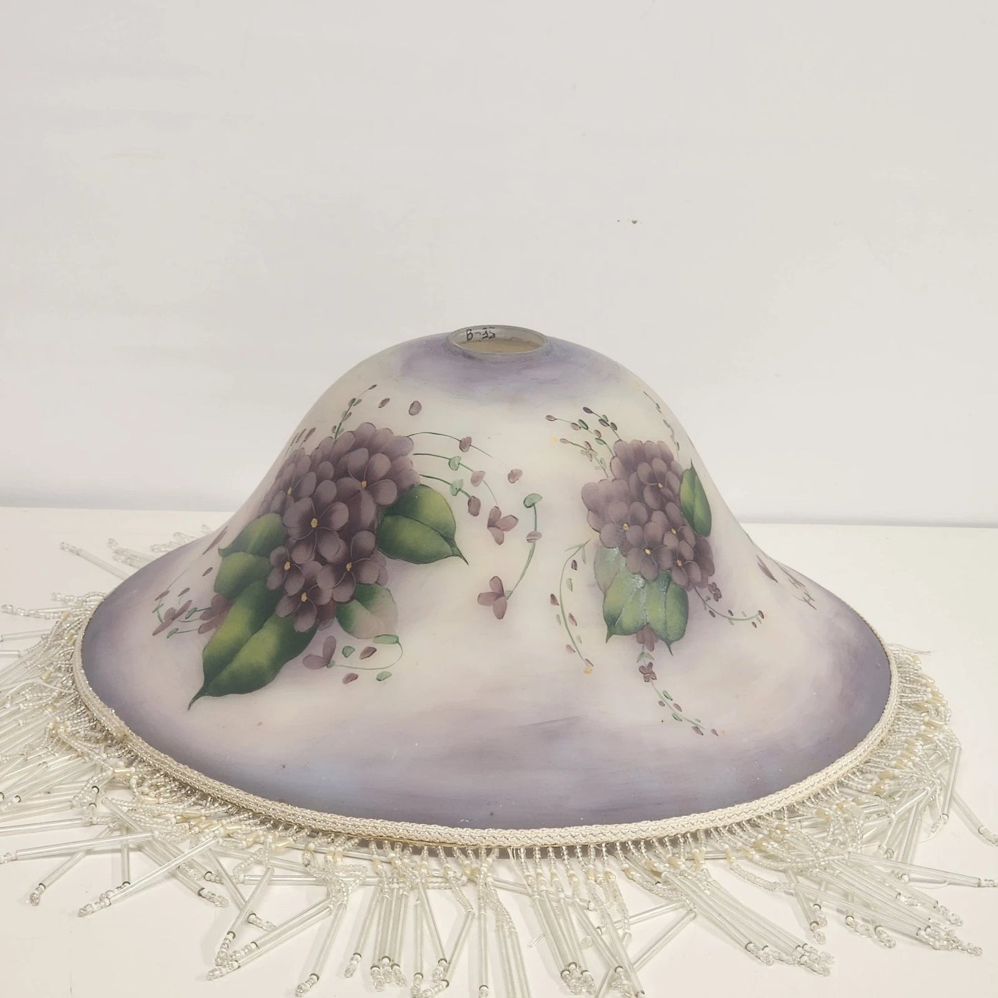 Frosted Purple Glass Lamp Shade Hand Painted Violets Beaded Fringe 16" Vintage