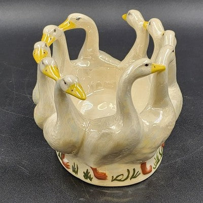 Ceramic Bowl 9" Planter Holland Mold Circle Of Ducks Signed Homemade Vintage 80s