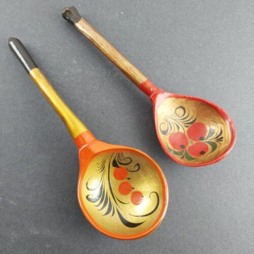 3 Wood Spoons Hand Painted Russian Khokhloma Lacquerware USSR Vintage Sizes Vary