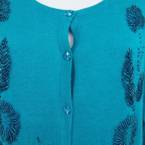 Vertical Designs Blue Sweater Cardigan Button Long Sleeve Beaded Floral Large