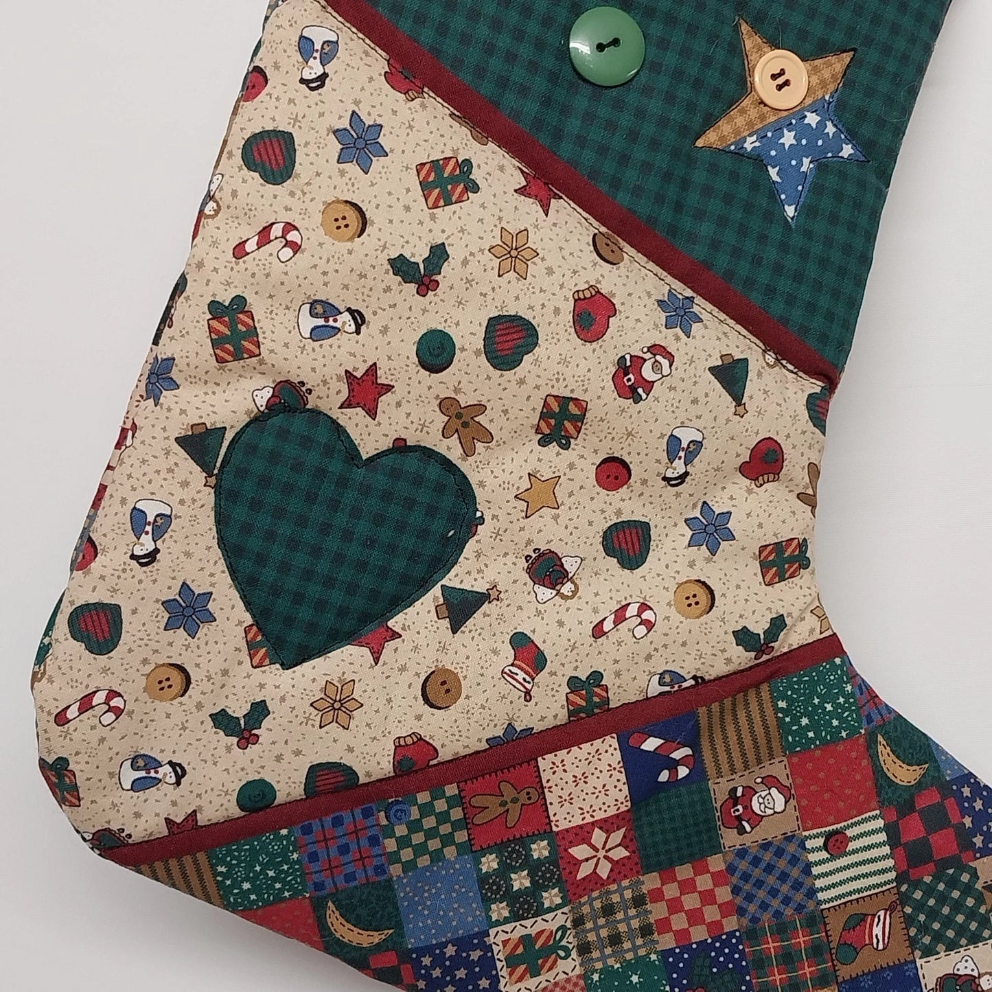 Homespun Holidays Christmas Stocking Patchwork Cotton Heart Lace Button 15" Vtg