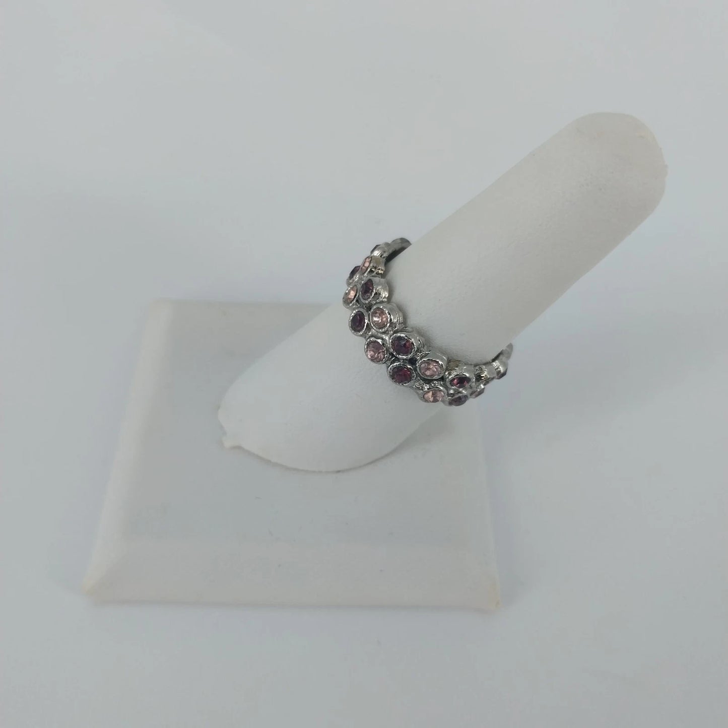 Silver Tone Pink Purple Rhinestone Double Row Band Ring Size 8 Statement Fashion