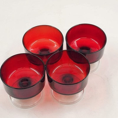 4 Ruby Red & Clear Sundae Glasses Luminarc France Champagne Cocktail Dessert Vtg