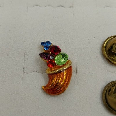 Gold Tone Multi Color Rhinestones Brown Enamel Cornucopia Brooch Lapel Tack Pin