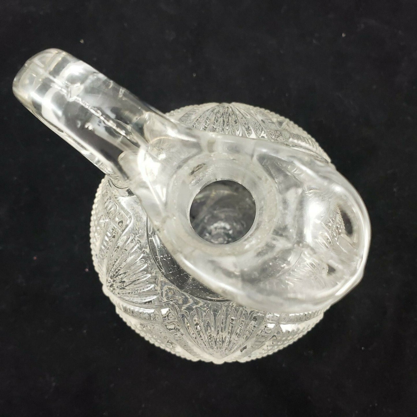 Pressed Glass Round Cruet Square Stopper Loop Handle Short Spout Vintage 5¼" H