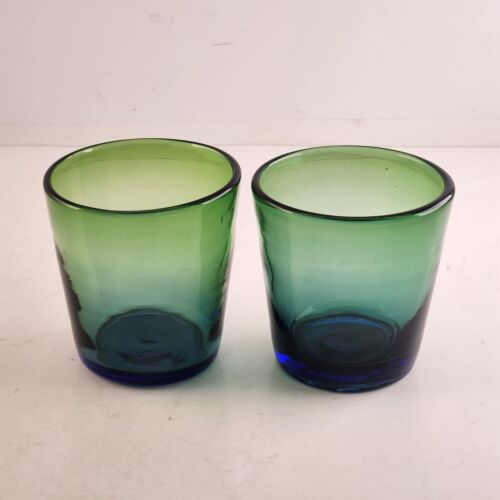 2 Ten Ounce Glass Tumblers Drinks Cocktails Green Fade To Blue 3¾" Tall Vintage