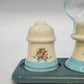 Floral Ceramic Salt Pepper Shakers Candle Holder Tray Set Cottage Taiwan Vintage