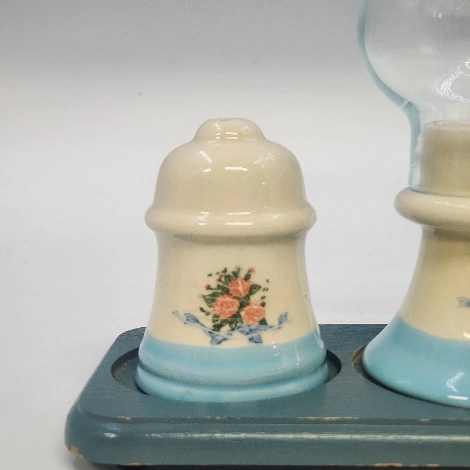 Floral Ceramic Salt Pepper Shakers Candle Holder Tray Set Cottage Taiwan Vintage