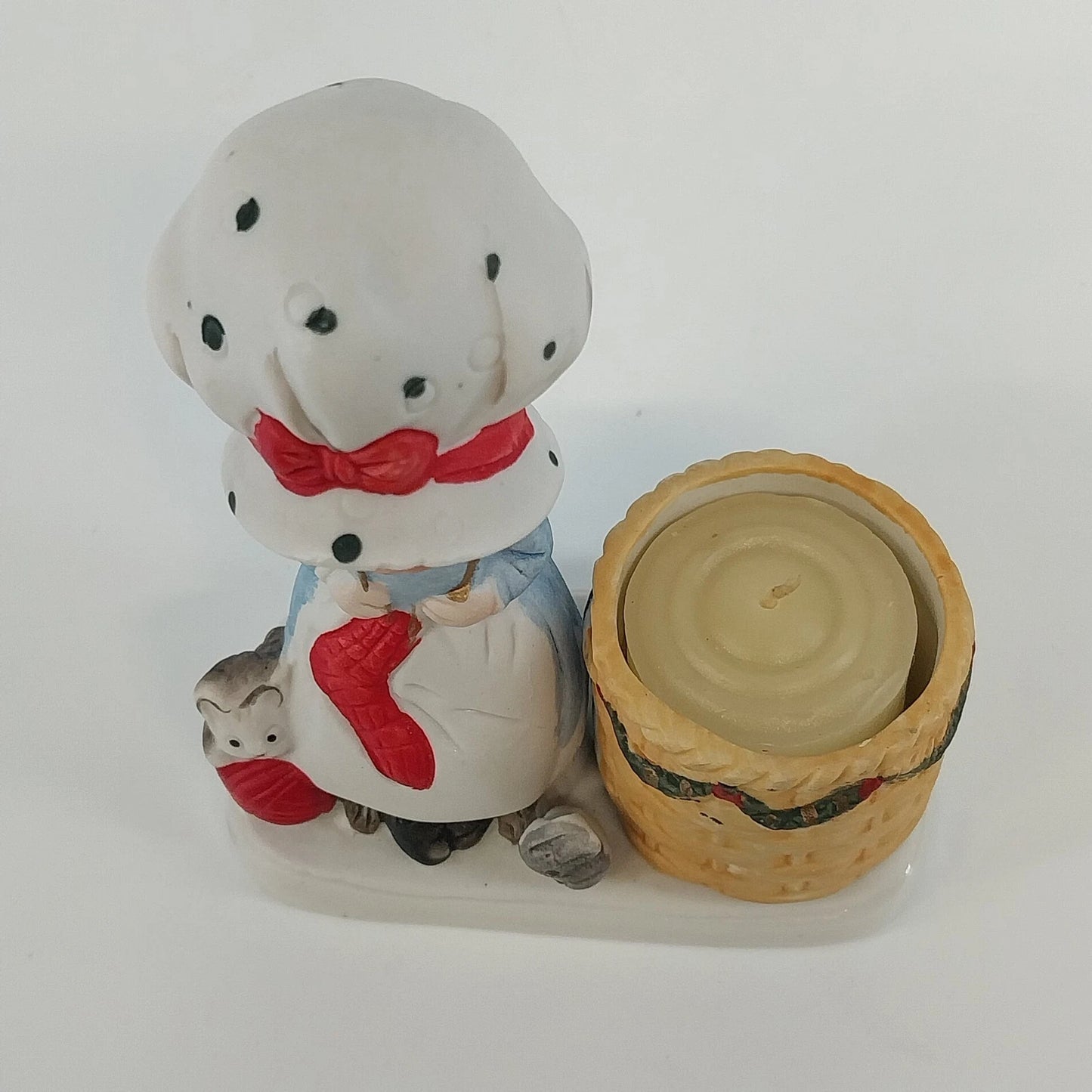 Jasco Christmas Luvkins Mrs Claus Candle Holder Knitting Cat Porcelain 1978 Vtg