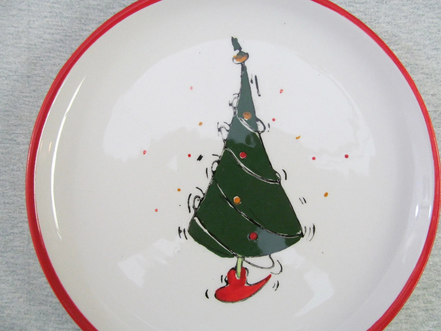Set of 4 International Silver Co Christmas Tree Dessert Plates 8" Red Trim NIB
