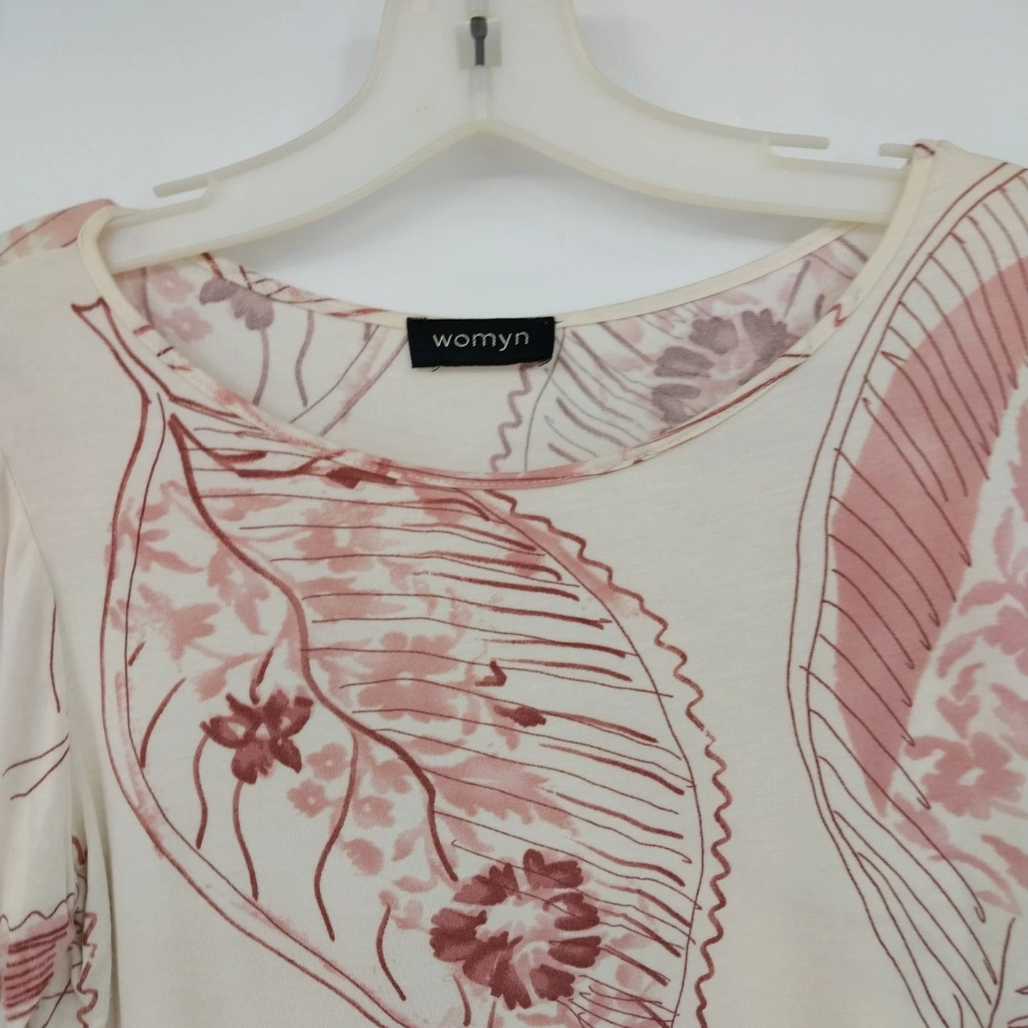 Womyn Cream Pink Botanical Leaf Print Top Women's XS Stretch Knit Long Sleeve